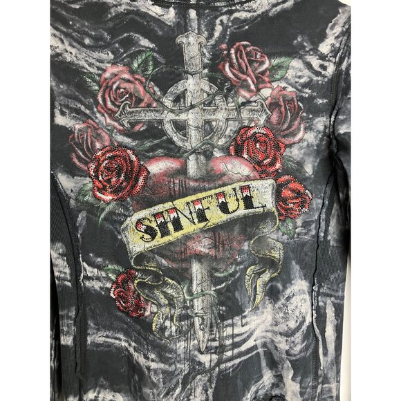 Y2K Sinful Affliction Womens Medium Zip Up Hoodie Black Tie Dye Rose Tattoo Hear - Picture 11 of 13
